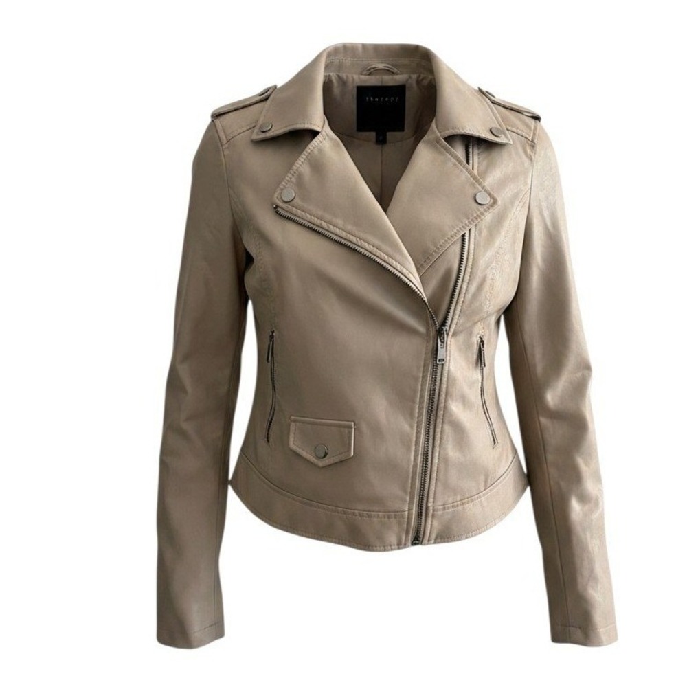 Therapy by Lane Crawford Womens Beige Faux Leather Moto Biker Jacket Medium